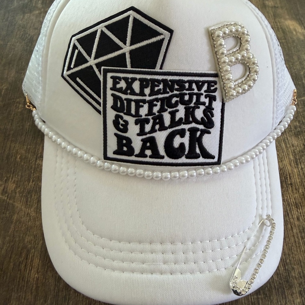 White Embellished Baseball Cap with Pearl Trim
